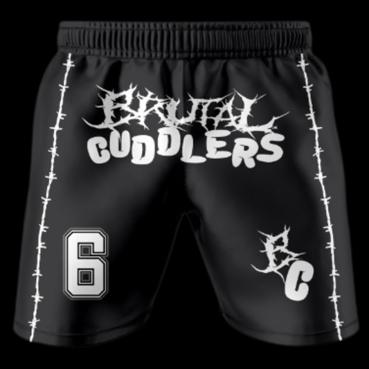 Brutal Cuddlers no gi grappling shorts back design for Brazilian Jiu Jitsu training sponsor