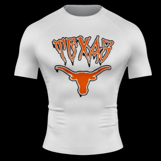 Brutal Cuddlers UT inspired BJJ rashguard front view for no gi grappling white